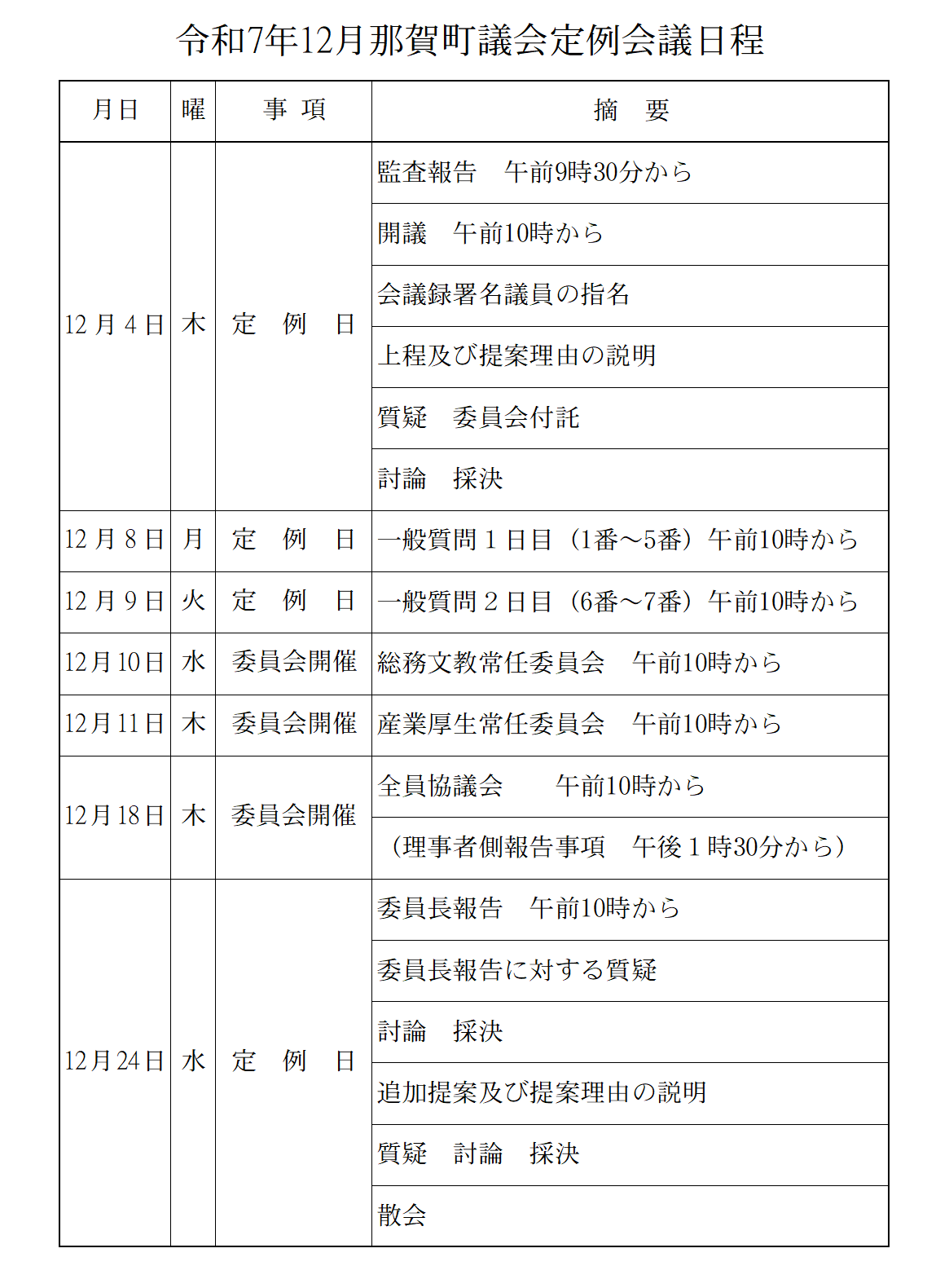 令和7年12月定例会議日程