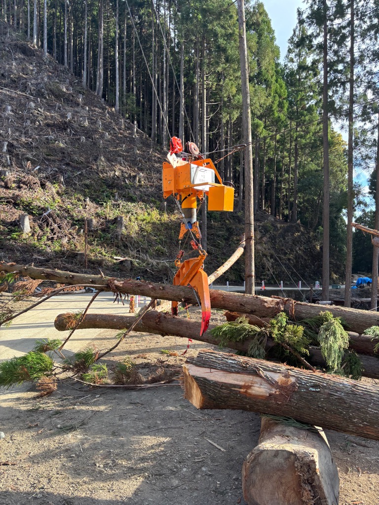 ケーブルグラップルで木材を掴んでいる様子