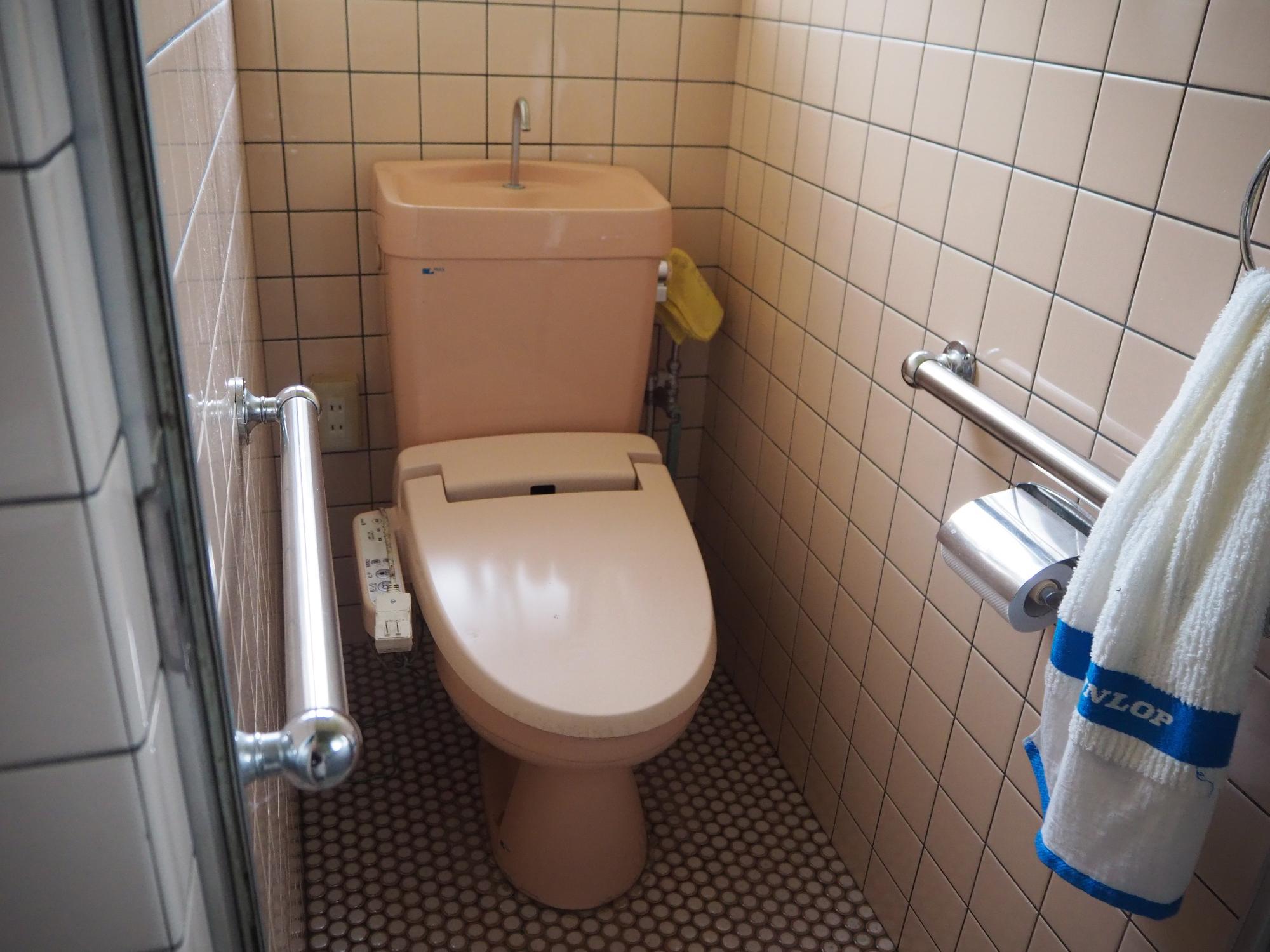 ピンクの壁と便座のトイレの写真