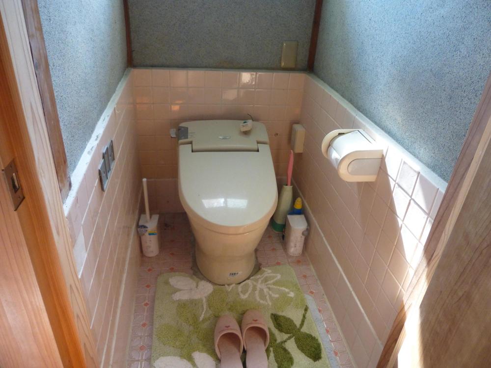 ピンクのタイルと砂壁の洋式トイレの写真