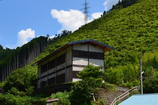 沢山の緑に囲まれた木造2階建ての住宅を下から撮影した写真
