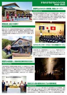 右上に緑の背景に白文字でナカハナカナカイイイナカ2022・2023と書かれ、その下に記事のようにイベントごとの写真と文章が書かれたチラシ