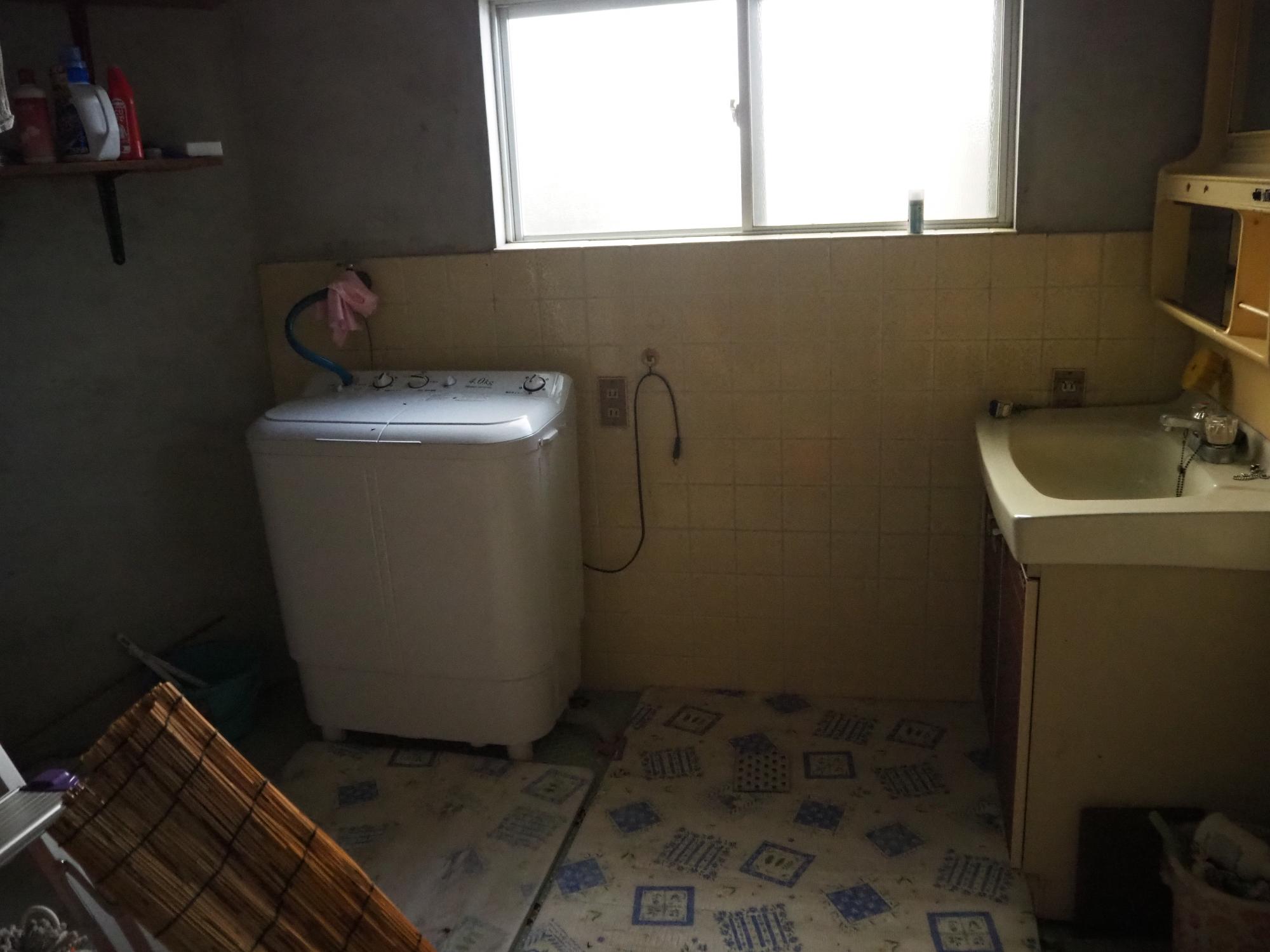 右側に洗面所、左側に2層式洗濯機が置かれた脱衣所の写真