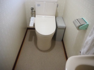 右側に手洗い場やタオル掛けが設置された洋式トイレの写真