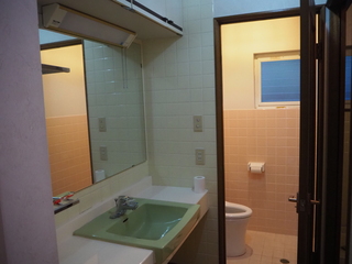 入口から向かって左側に鏡とシンクが設置され、ドアの奥にトイレが設置されている洗面所の写真
