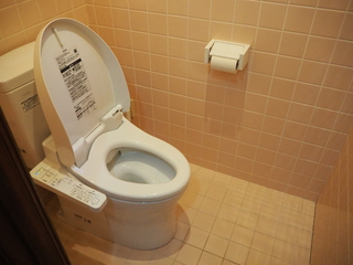 薄いピンク色をしたタイルが貼られ、様式のトイレが設置されているトイレの写真