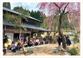 古民家の前に多くの人が集まり、濃いピンク色の桜の花が満開に咲く木の下で行われている催し物見ている様子を遠くから写した写真
