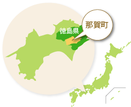 四国の中の徳島県の中にある那賀町の場所を示した地図